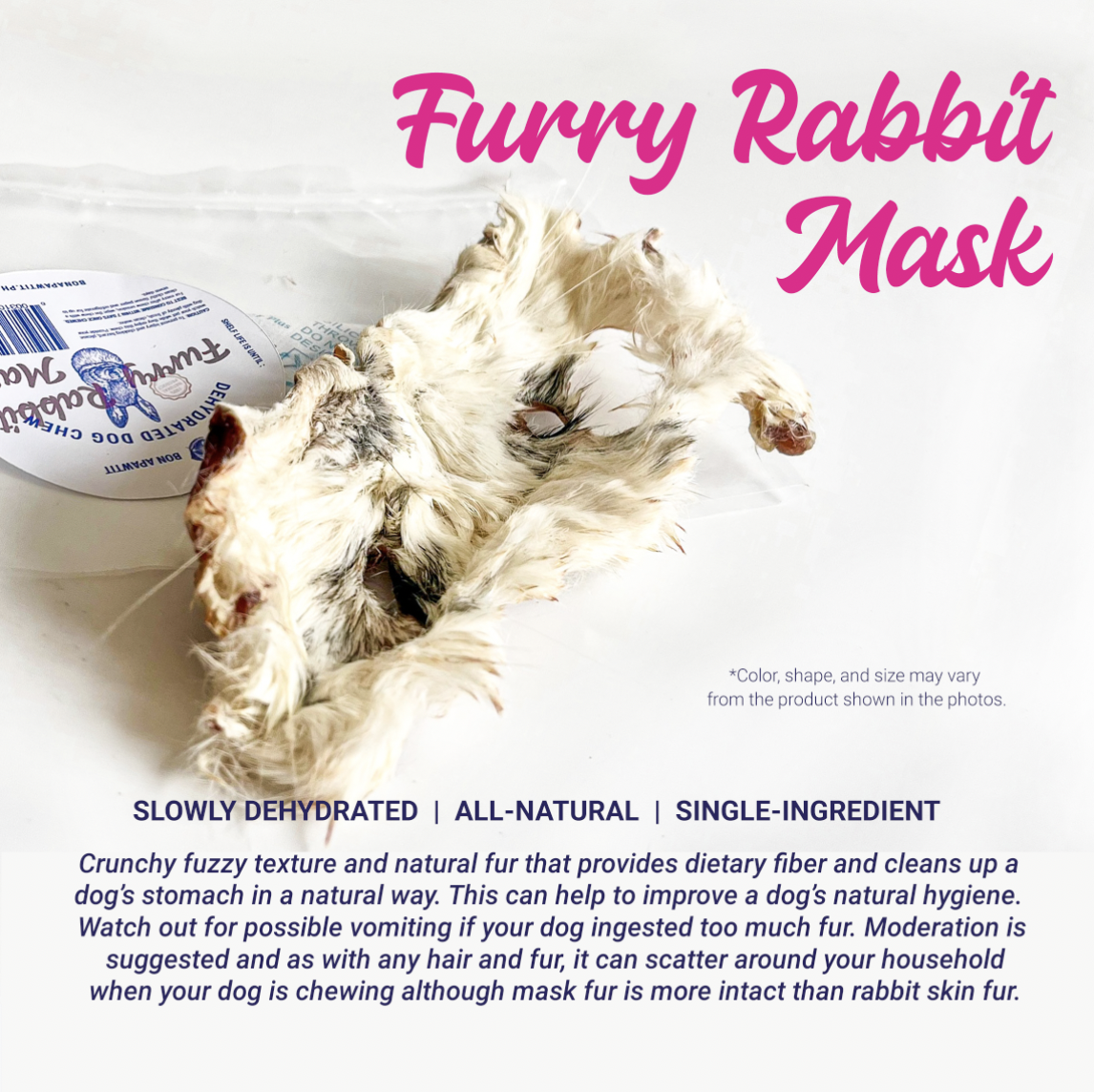 Dehydrated Furry Rabbit Mask Dog Chew (sold/pc) – Bon Apawtit