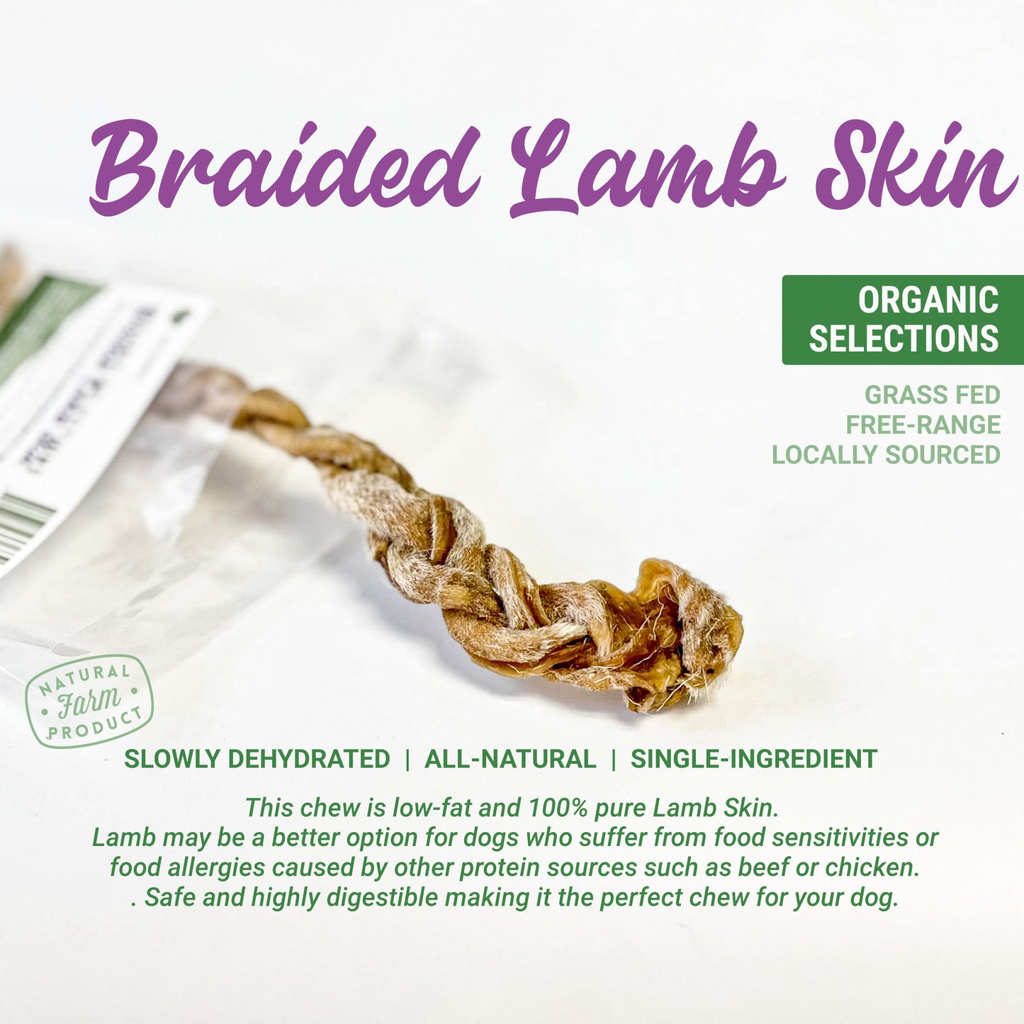 Organic Dehydrated Braided Lamb Skin Chew