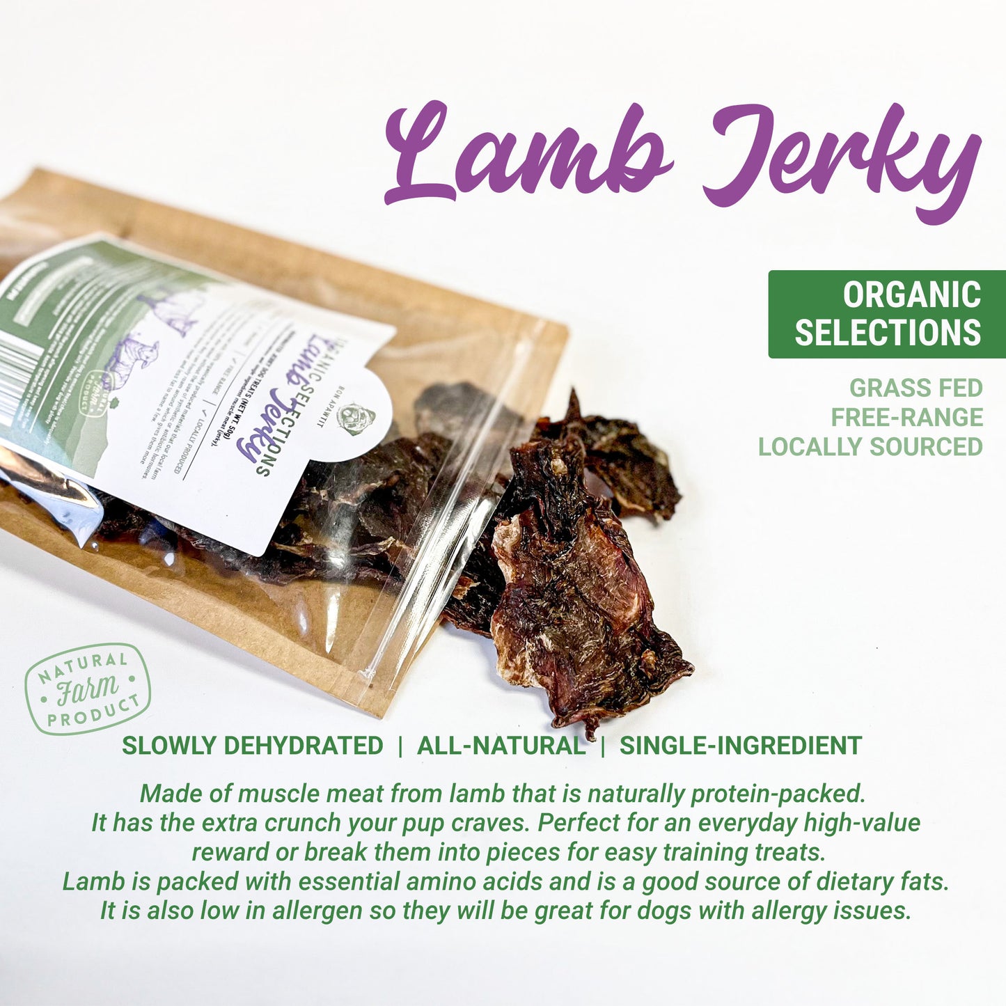Organic Dehydrated Lamb Jerky Dog Treats (50g)